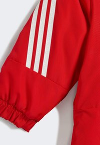 Manga de chaqueta roja con puño elástico y tres franjas verticales blancas que presentan pequeñas indentaciones circulares cerca del hombro.