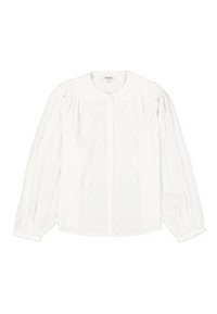 Witte blouse met lange mouwen en een knoopsluiting aan de voorkant, met subtiele textuurpatronen en elastische manchetten. Zachte, lichtgewicht stof.