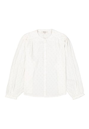 Blusa blanca de manga larga con botonera frontal, que presenta sutiles patrones texturizados y puños elásticos. Tejido suave y ligero.
