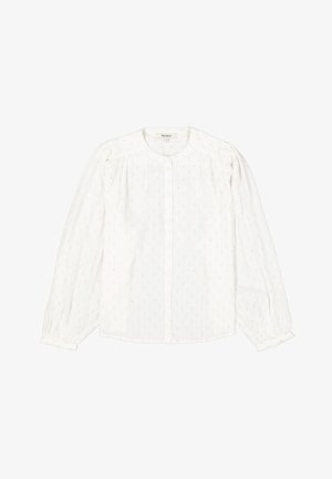 Witte blouse met lange mouwen en een knoopsluiting aan de voorkant, met subtiele textuurpatronen en elastische manchetten. Zachte, lichtgewicht stof.