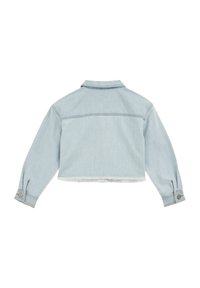 Light blue cropped denim jacket with long sleeves, button cuffs, and a frayed hem. Features a classic collar and back yoke stitching.