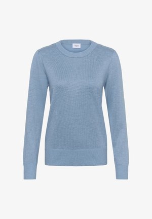 Maglione azzurro chiaro realizzato in morbido materiale lavorato a maglia, con scollatura rotonda, maniche lunghe, polsini e orlo a coste. Texture liscia con dettagli minimi.