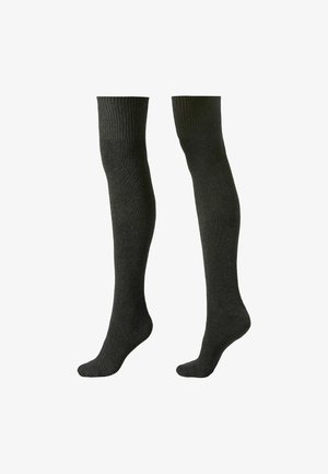 Calcetines hasta la rodilla en gris oscuro, hechos de un material suave y texturizado con parte superior acanalada. Diseño simple, adecuado para varios atuendos.