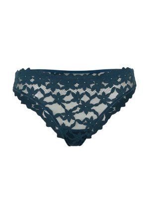 Mutandine in pizzo di color blu scuro, con motivi floreali, bordi scallop e un design in rete trasparente. Texture morbida con un aspetto delicato.