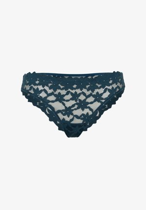 Mutandine in pizzo di color blu scuro, con motivi floreali, bordi scallop e un design in rete trasparente. Texture morbida con un aspetto delicato.