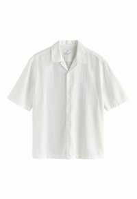 Short-sleeve, white button-up shirt with a textured pattern, point collar, and straight hem. Made from lightweight fabric.