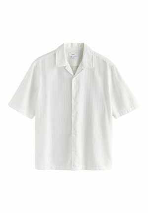 Short-sleeve, white button-up shirt with a textured pattern, point collar, and straight hem. Made from lightweight fabric.