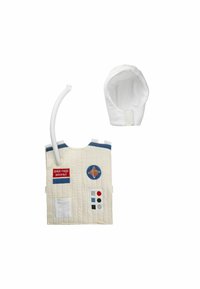 White quilted astronaut costume top with blue accents, patches, buttons, and an attached hose; includes a matching white helmet.