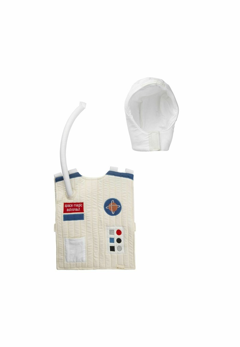 White quilted astronaut costume top with blue accents, patches, buttons, and an attached hose; includes a matching white helmet.