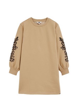 Abito a maniche lunghe in cotone beige con motivi floreali neri ricamati sulle maniche. Collo rotondo, vestibilità comoda, polsini a costine.