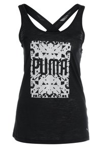 Black tank top with crossed straps, featuring a white graphic of the word "PUMA" and a geometric pattern on the front. Lightweight fabric.