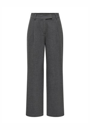 Pantalon gris à jambes larges avec une texture lisse, présentant des plis sur le devant, une taille haute et des passants pour ceinture pour plus de détails.