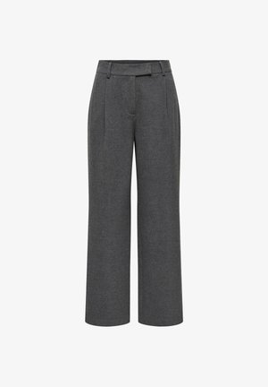 Pantalon gris à jambes larges avec une texture lisse, présentant des plis sur le devant, une taille haute et des passants pour ceinture pour plus de détails.