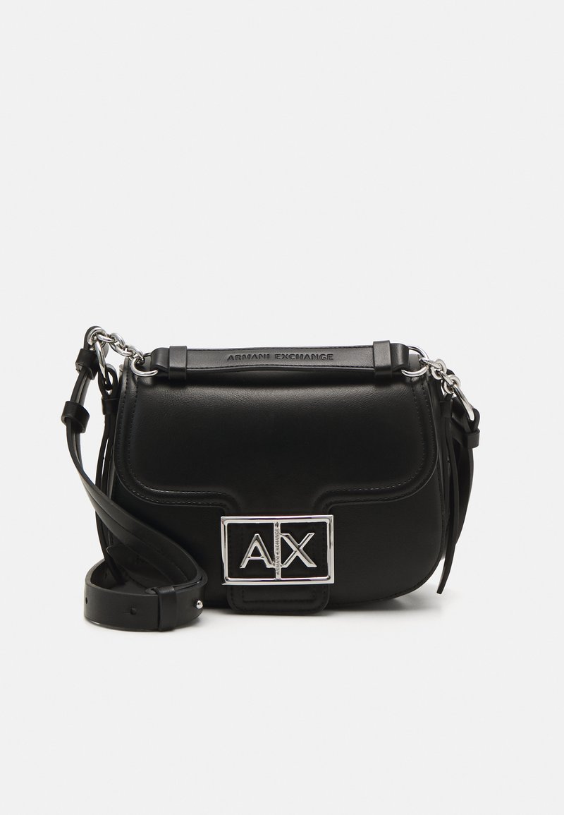 Borsa a tracolla nera in pelle con hardware in tono argento, presenta il logo AX sul davanti, tracolla regolabile e finitura liscia.