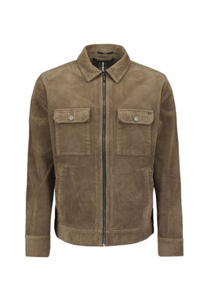 Bruine corduroyjas met een rits aan de voorkant, twee borstzakken met klep en drukknopen, en een standaard kraag. Geweven stof.