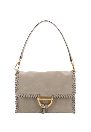 Taupe suede shoulder bag with braided edges, gold-tone clasp, and a single strap with gold hardware.