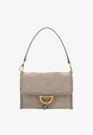 Taupe suede shoulder bag with braided edges, gold-tone clasp, and a single strap with gold hardware.