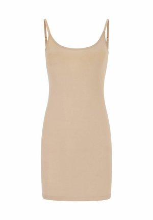 Rochie mini de culoare nude, având bretele subțiri ajustabile, o textură netedă și o formă mulată, fără împodobiri suplimentare.