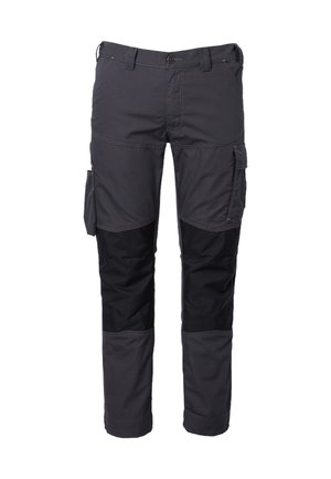 Graue Arbeitshosen aus einer Mischung von strukturiertem Stoff mit schwarzen Akzenten, mehreren Taschen und verstärkten Knien für Langlebigkeit.