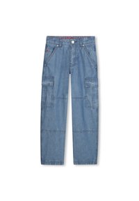 Blauwe cargo broeken met voorflapzakken, schuine zijzakken, riemlussen en een knoopsluiting op de taille.