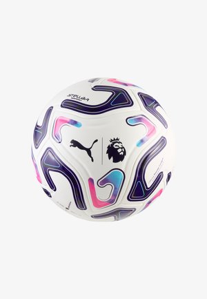 Pallone da calcio bianco Puma Stellar Match+ con logo del leone della Premier League e motivi astratti viola, rosa e blu.