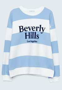 Sweat-shirt rayé bleu clair et blanc avec le texte « Beverly Hills Los Angeles » en bleu foncé sur le devant.