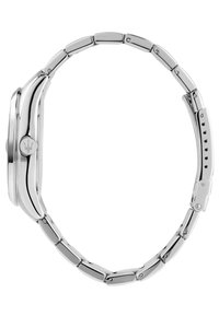 Silberne Edelstahl-Uhr mit polierter Oberfläche, rechteckigem Gehäuse und Gliederarmband. Inklusive Logo auf der Krone und Sicherheitsverschluss.