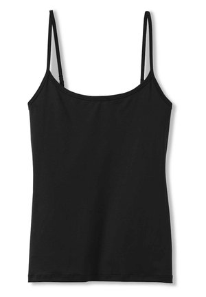 Schwarzes Camisole mit dünnen verstellbaren Trägern, aus glattem Stoff gefertigt, mit rundem Ausschnitt und anliegender Silhouette.