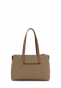 Sac à main synthétique beige avec des poignées en cuir marron, forme rectangulaire, poche zippée à l'avant, texture lisse et design minimaliste.