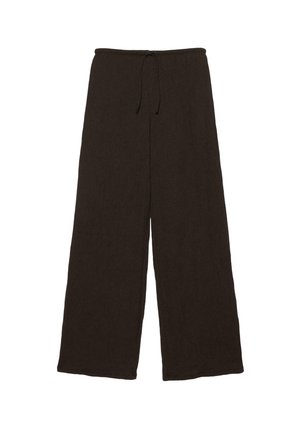 Čierne pletené nohavice so širokými nohavicami, elastickým pásom a sťahovacou šnúrkou, zobrazené na bielom pozadí.