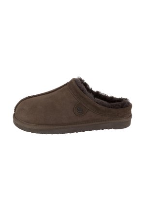 Brun ruskind slip-on hjemmesko med blødt mørkt pelsfor og gummisål, designet til indendørs komfort og varme.