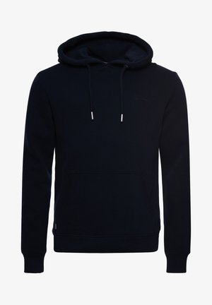 Schwarzer Hoodie mit langen Ärmeln, Fronttasche und Kordeln an der Kapuze, mit dezent gesticktem Logo auf der Brust.