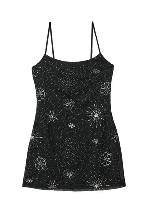 Abito nero senza maniche con silhouette aderente. Presenta ricami in perline argentate con design a spirale e floreali su tutto il tessuto.