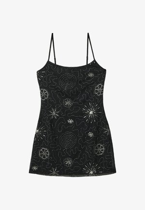 Abito nero senza maniche con silhouette aderente. Presenta ricami in perline argentate con design a spirale e floreali su tutto il tessuto.