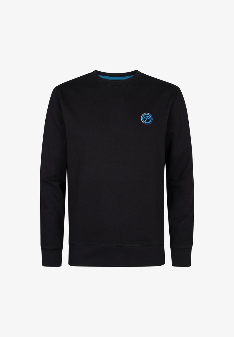 Musta huppari, jossa on pitkät hihat, pyöreä pääntie, sininen yksityiskohta kauluksessa ja pieni pyöreä logo rinnassa. Pehmeä kankaan tekstuuri.