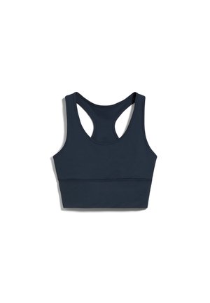 Marineblauwe sportbeha van gladde stof, met een racerback ontwerp en een brede onderband voor ondersteuning. Geen zichtbare patronen of accenten.