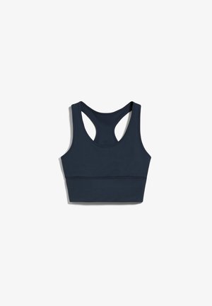 Soutien-gorge de sport bleu marine en tissu lisse, doté d'un design dos nageur et d'une large bande sous la poitrine pour un meilleur soutien. Pas de motifs ni d'accents visibles.