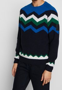 Knitted sweater in navy with bold zigzag pattern in blue, green, white, and black. Features a crew neck and ribbed cuffs and hem.