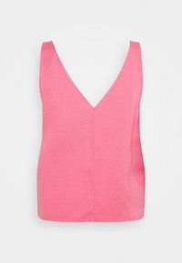 Haut rose sans manches avec un col en V, tissu doux et coupe droite. Présente une finition soignée à l'ourlet et au dos.