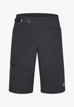 Fekete kültéri rövidnadrág övvel, szögletes kialakítással, cipzáras oldalsó zsebbel és sima felülettel. Tartós anyag kontrasztos részletekkel.