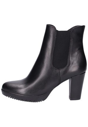 Bottine en cuir noir avec talon bloc et panneau latéral élastique, dotée d'une semelle crantée pour une meilleure adhérence.
