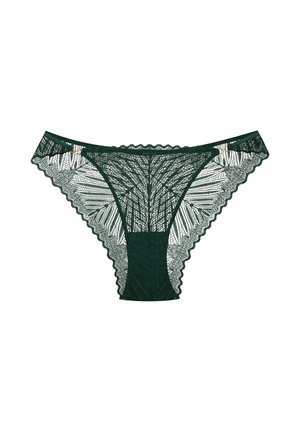 Ciemnozielona koronkowa bielizna bikini damska z kwiatowymi i liściastymi wzorami oraz falbaniastymi brzegami na białym tle.