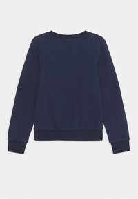 Dunkelblaues Sweatshirt mit Rundhalsausschnitt und langen Ärmeln. Verfügt über einen gerippten Saum und Bündchen, hergestellt aus weichem Baumwollstoff. Rückansicht dargestellt.