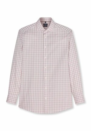 Herren-Langarmhemd mit kleinem pink-grau kariertem Muster, Kentkragen und weißen Knöpfen.