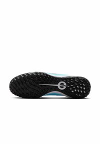 Athletic shoe sole, textured black rubber with circular patterns. Blue upper section visible at the top edge; features silver logo detail.
