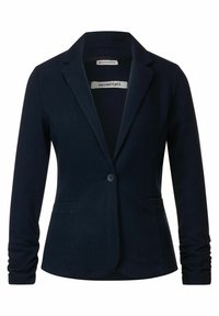 Marinblå blazer i mjukt tyg, med enkel knappstängning, notch-krage och två framfickor. Slät textur och skräddarsydd passform.