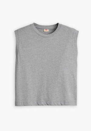 Lichtgrijs mouwloos shirt met ronde hals en rechte zoom, plat gelegd op een witte achtergrond.