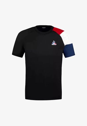 Black short-sleeve t-shirt with a crew neck, featuring a color-blocked red, white, and blue shoulder design and a logo on the chest.
