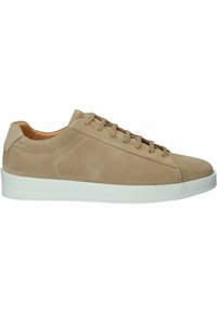 Beige Wildleder-Sneaker mit weißer Gummisohle, sechs Schnürlöchern und glatter Textur. Enthält ein dezentes Markenlogo an der Seite.