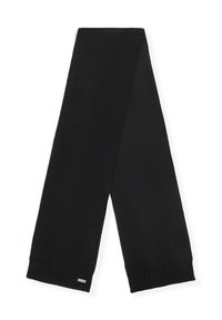 Czarny dziergany szalik z prążkowaną teksturą i schludnymi brzegami. Oba końce są złożone, a przy jednym końcu znajduje się mała metka z logo marki.